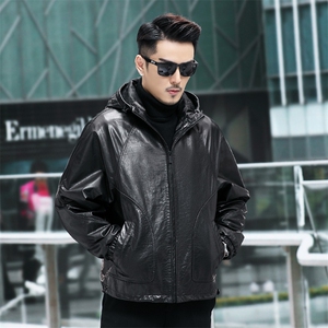 海宁男士皮衣男油蜡牛皮外套阔版简约连帽夹克大码男装P780图片