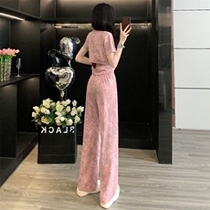 网红炸街时尚运动套装女夏新款粉色扎染短袖上衣高腰阔腿裤两件套，女装套装/套裙，江南