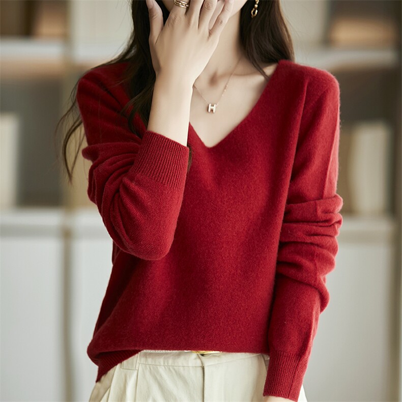 2025春秋新款一线成衣羊绒衫女100纯山羊绒气质V领纯色针织套衫，女装针织衫/毛衣，斯美雅安迪绒