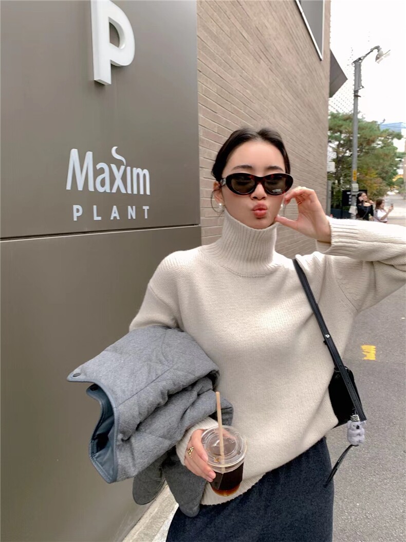秋冬新款针织衫女高领宽松慵懒风加厚针织衫内搭打底上衣,针织衫/毛衣,半城羊绒