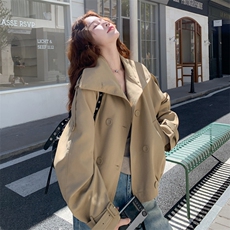 时髦酷飒风高级感风衣外套女2025秋季日系双排扣百搭立领短款上衣，女装风衣，2C086