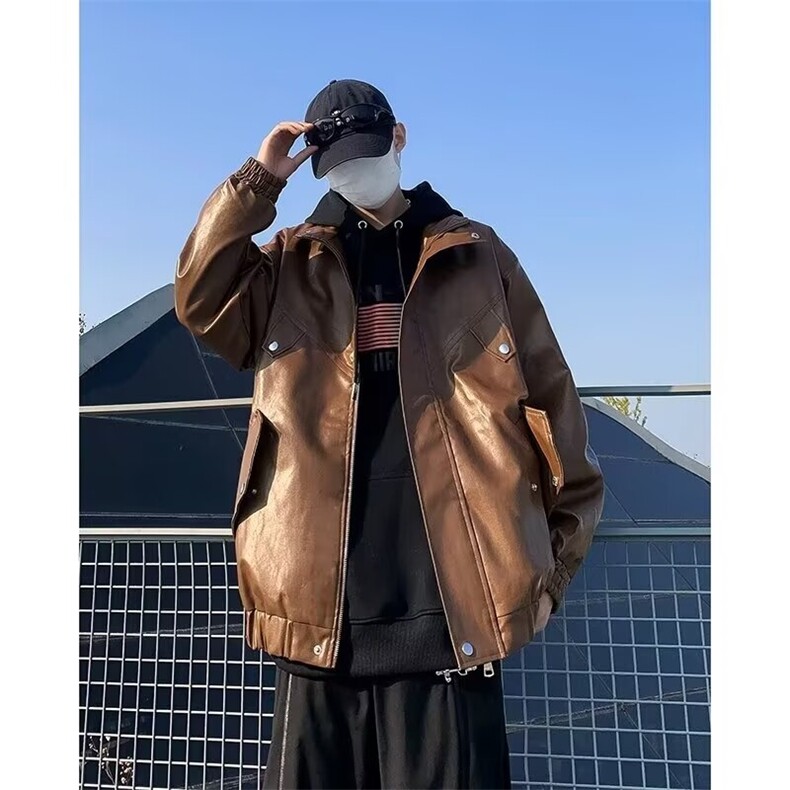 秋冬日系复古黑色皮衣外套男女生棉服pu皮美式机车服加绒夹克W159,男装夹克,星座506
