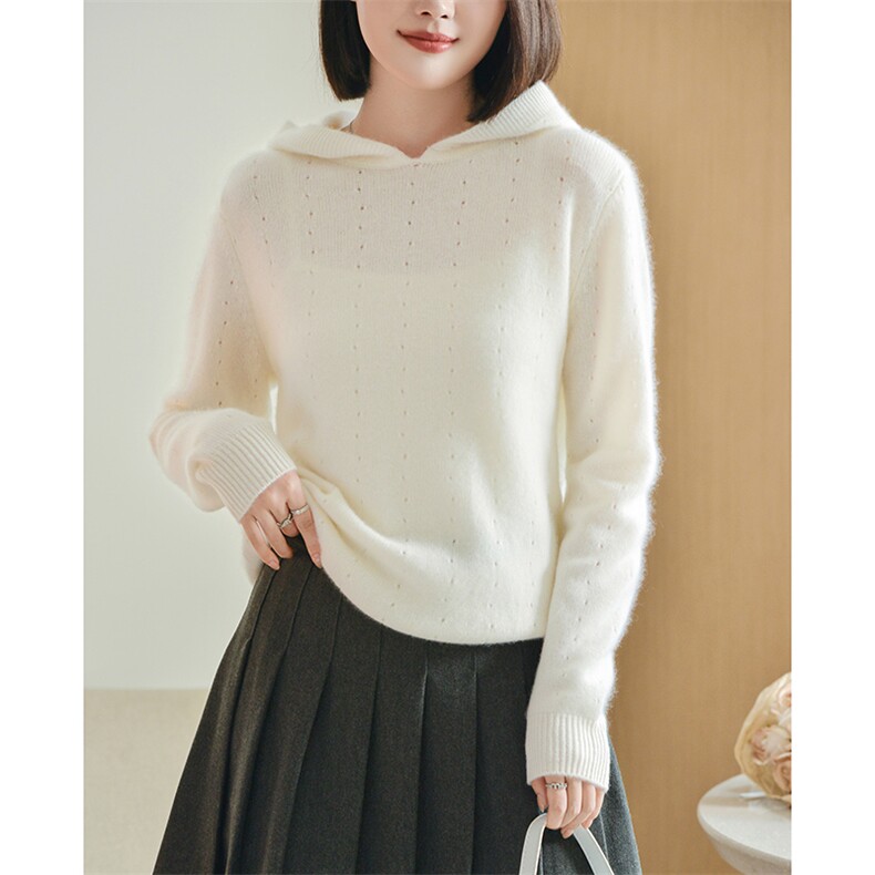 秋季新款纯色时尚显瘦七针双线挑孔连帽羊毛衫，女装羊毛衫，宋氏羊绒