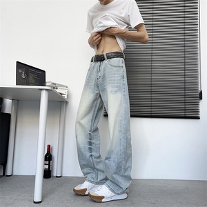 水洗浅色牛仔裤男春夏季美式潮牌复古磨破宽松休闲阔腿裤图片