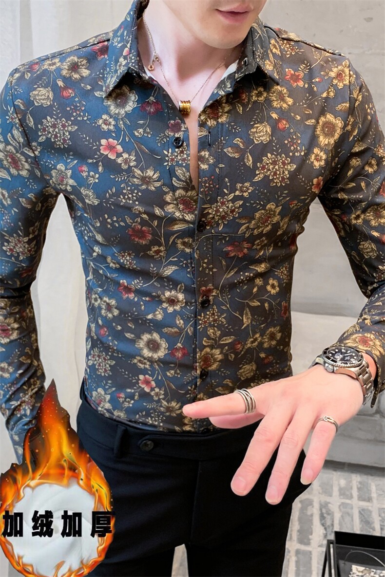 312A-821-P60新款社会小伙修身长袖加绒加厚衬衫男碎花衬衣-首A,男装衬衫,星座312A-5