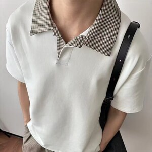 千鸟格拼接polo衫短袖男夏季老钱风复古正肩T恤cleanfit重磅半袖，男装T恤，星座715-4