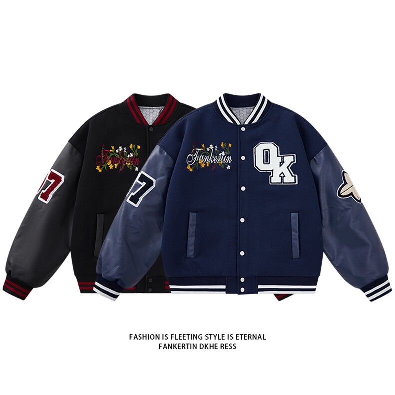 JK5872-P85美式拼接刺绣皮质撞色棒球服飞行员夹克外套控149,男装夹克,星座109