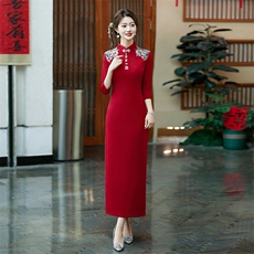 新中式风加厚贴花弹力复合蕾丝提花长款旗袍2555P150，女装汉服/婚纱/旗袍/礼服，乐衣轩