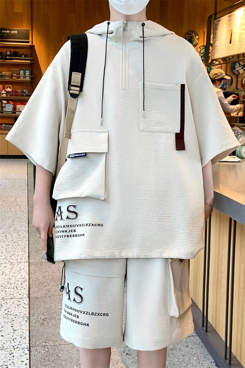 美式工装休闲运动套装夏季痞帅一套短袖短裤两件套A436-T02-P65,男装休闲套装,电商A436