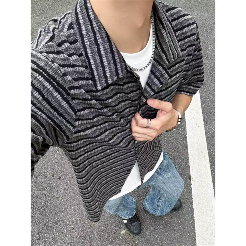 原版面料档口现货~夏季条纹针织宽松肌理感短袖衬衫CT25117批48,男装T恤,星座1004-6