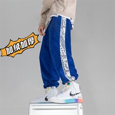 2025冬季新款港风加绒加厚长裤灯芯绒拼接休闲裤卫裤蓝 GK51-P55图片