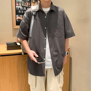 24年港风夏款工装纯色宽松短袖衬衫男CS111 P35图片