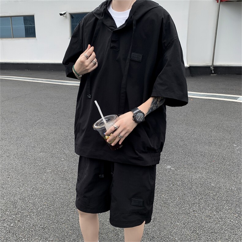 夏季轻薄透气防晒连帽短袖短裤两件套男潮流简约纯色宽松休闲套装图片