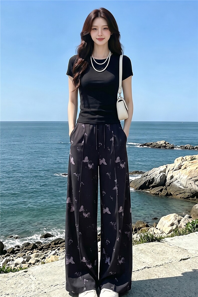 女夏季高级感休闲运动套装圆领收腰短袖阔腿蝴蝶印花长裤两件套潮,女装套装/套裙,江南