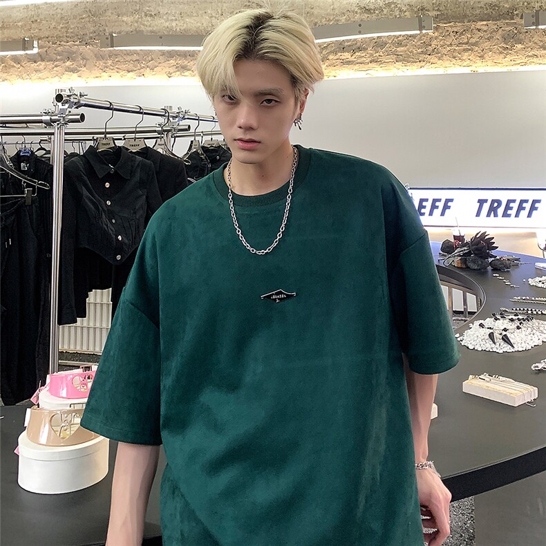 男生麂皮绒纯色重磅短袖潮简约金属标T恤jK23278-特p35-控48,男装T恤,星座605(原A050)