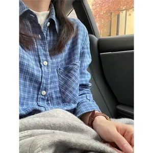韩系双层棉纱蓝色小格纹翻领长袖衬衫女春秋慵懒宽松舒适外搭上衣图片