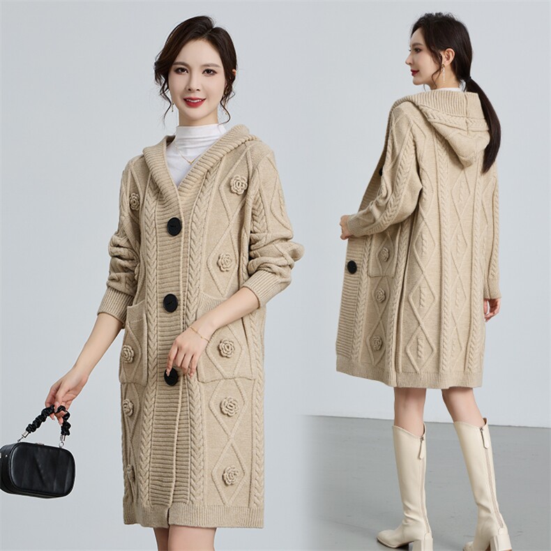 开衫外套女2024新款秋冬季大码外套针织大衣女慵懒宽松中长款外套，女装针织衫/毛衣，马丽丽家