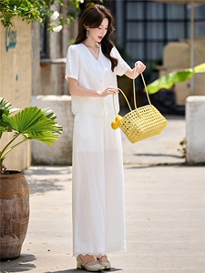 巨好看松弛感棉麻V领女夏2026夏新款高腰阔腿裤套装减龄女两件套图片