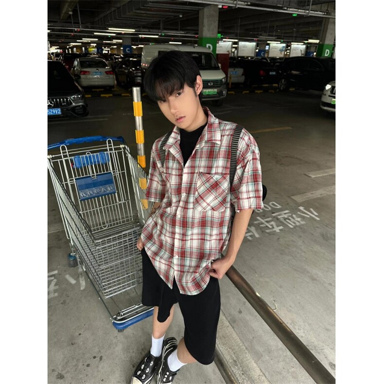 格子衬衫男夏季美式复古翻领短袖高级感潮牌廓形外套 C201图片