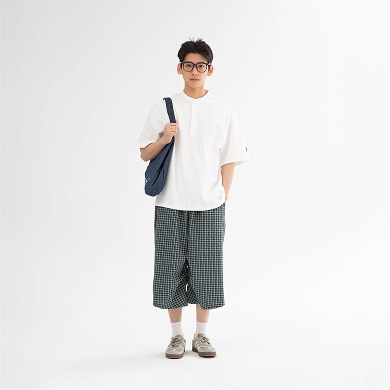 南夏乔装2025夏季新款日系简约纯色亨利领短袖复古潮流宽松T恤男,男装T恤,电商S006（B521）
