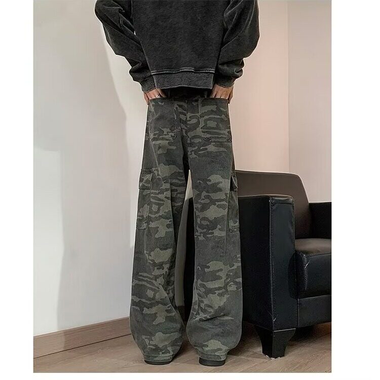 迷彩工装裤男秋季美式牛仔伐木裤子春秋款修身直筒微喇裤8288,男装牛仔裤,星座506