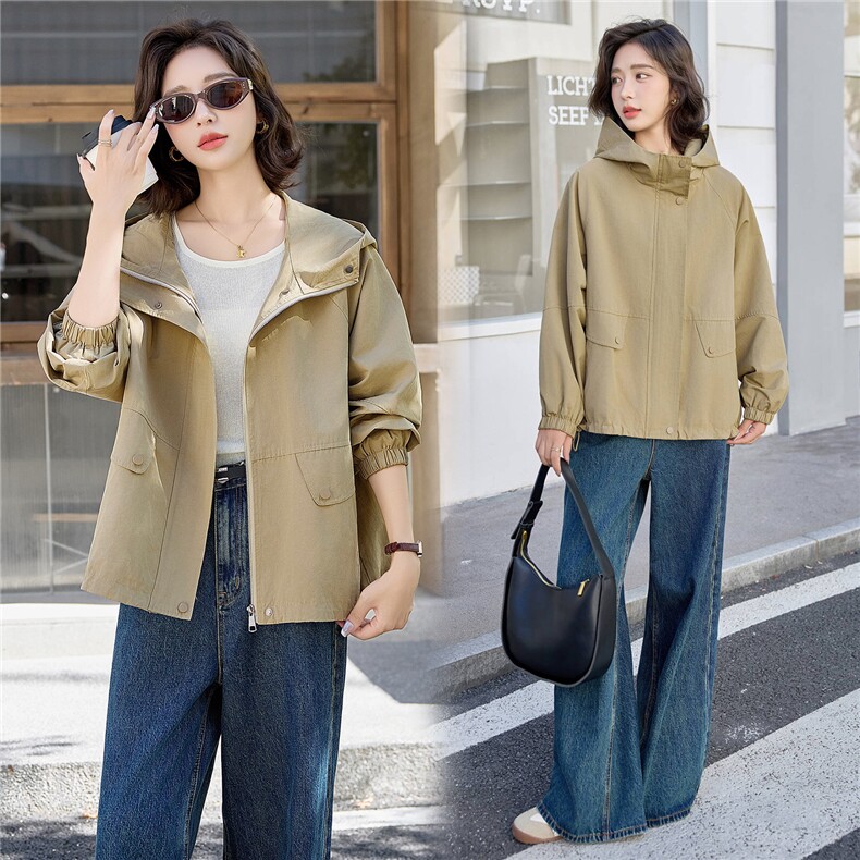 2025春秋新款小个子宽松休闲气质百搭粉色连帽工装冲锋衣外套女,女装短外套,依万里