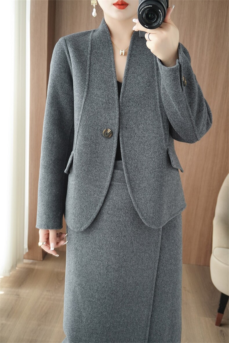 气质羊毛呢外套女套装2025秋冬季高级感双面羊绒大衣半身裙两件套,女装双面呢大衣,乾庄羊绒