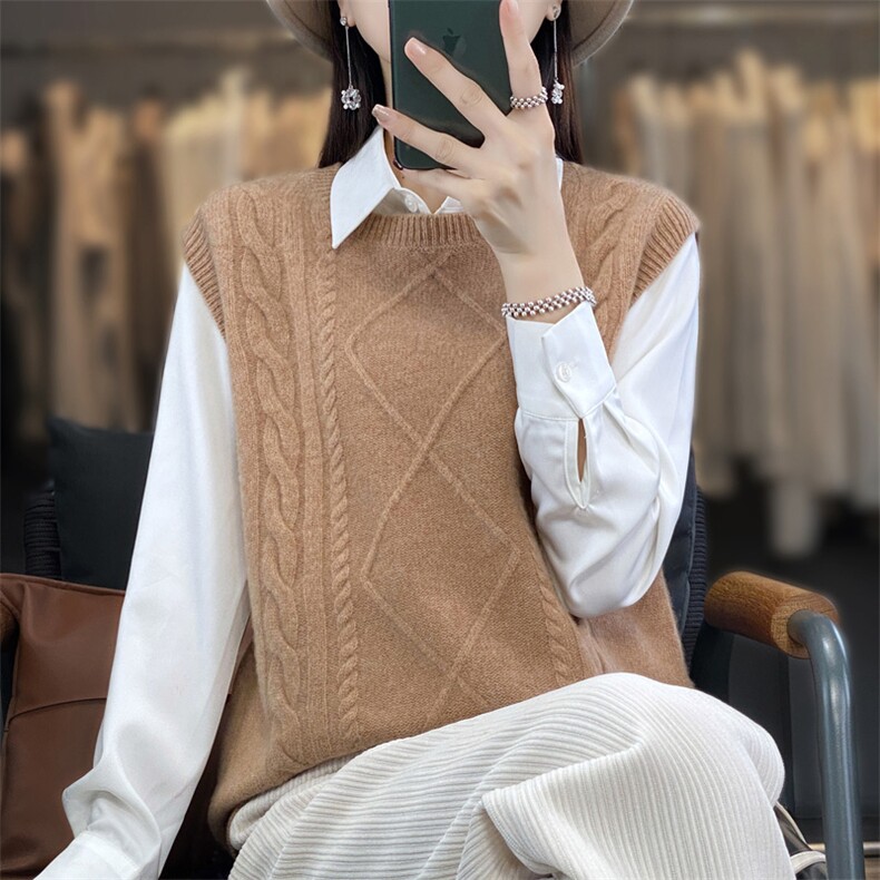 2025年夏季宽松型套头单件短袖圆领女士羊毛衫背心纯色,女装羊毛衫,春贝羊绒
