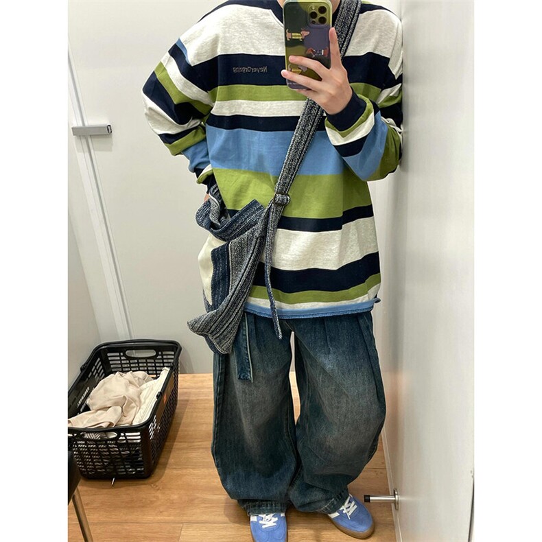 撞色拼接条纹长袖t恤美式复古圆领卫衣情侣休闲上衣TX87特P46,男装T恤,星座908-1