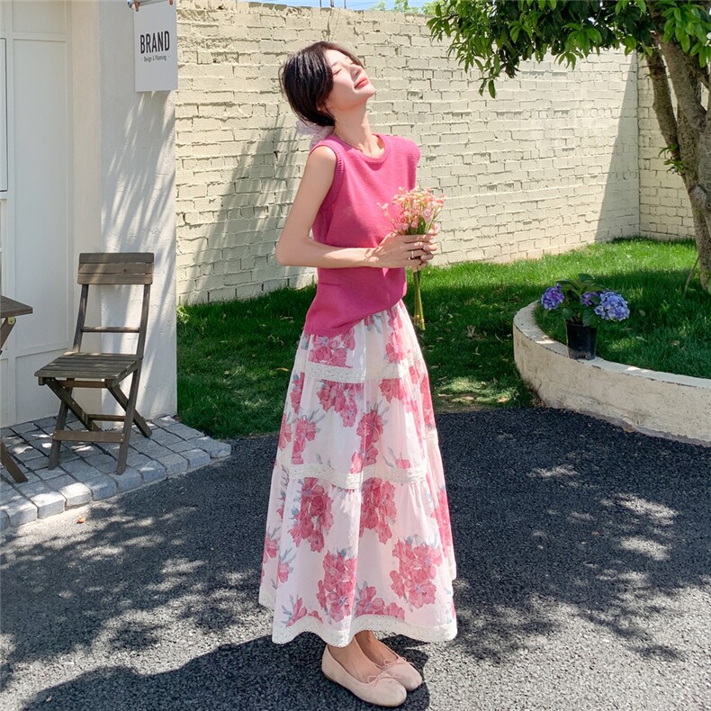 粉色超好看洋气套装女时髦2025夏季新款针织背心印花半身裙两件套,女装套装/套裙,2C159
