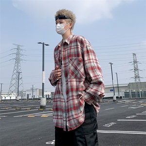 春夏季美式长袖衬衫男设计感高级感复古格子衬衣外套情侣~CS045图片