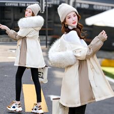 2020冬季新款优雅格调时尚气质保暖蕾丝拼接大毛领连帽派克服棉衣，女装棉衣/棉服，艾尚靓装