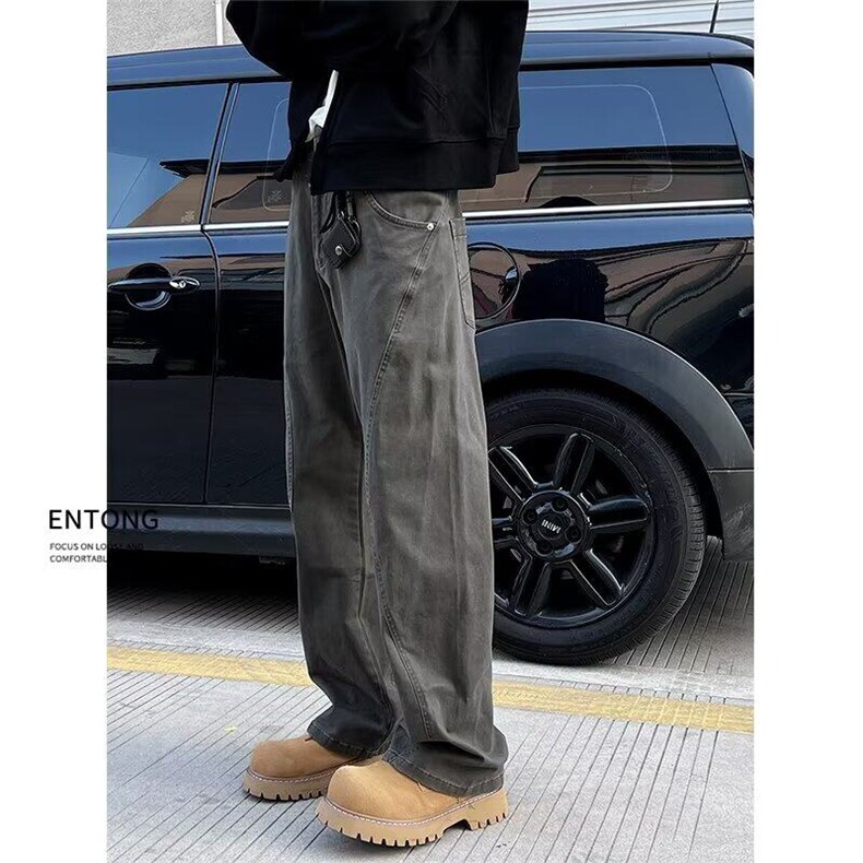 深灰色水洗做旧牛仔裤男日系复古线条设计修身显瘦宽松直筒工装裤,男装牛仔裤,星座506A