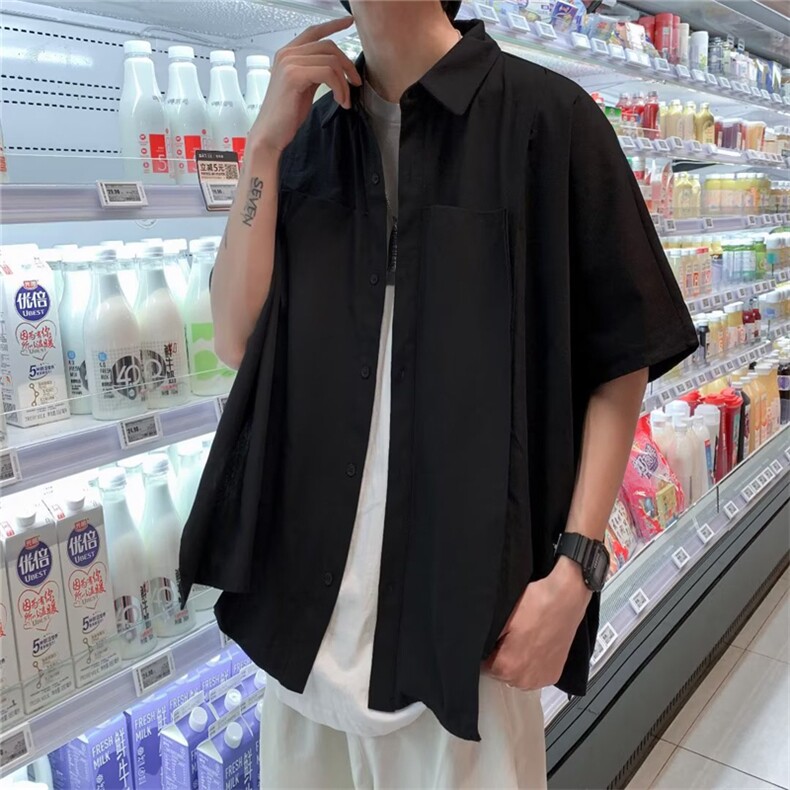 2023夏日系前下摆开叉不规则设计感小众衬衫短袖衬衣W3361-P32,男装衬衫,星座512-2