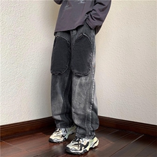 高街美式撞色直筒情侣长裤复古做旧大口袋阔腿牛仔裤男N5142，男装牛仔裤，星座1116A-1（原606A）