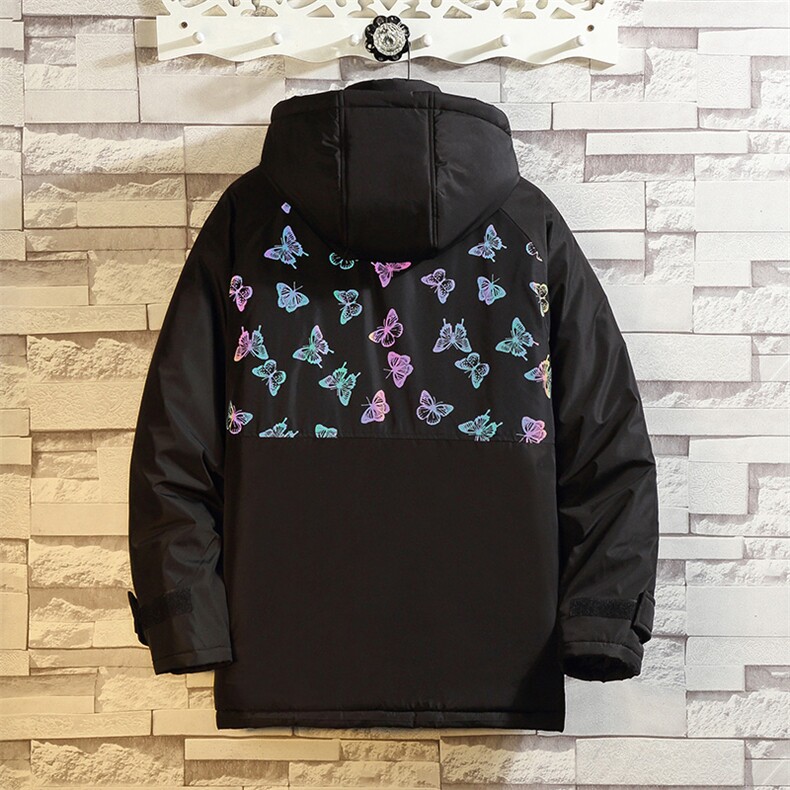 白砖墙反光炫彩蝴蝶印花连帽棉服男冬季棉外套A090-MY76P125限158,男装棉衣,电商A089-1