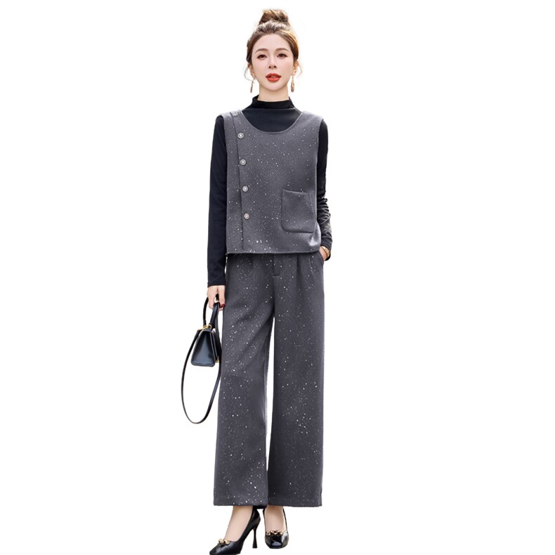 2025新款春装法式后背蝴蝶结马甲阔腿裤三件套,女装套装/套裙,韩蔻秀