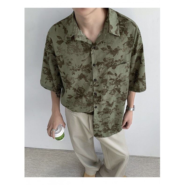 冰丝薄款印花衬衫夏季休闲ins痞帅风短袖沙滩衬衣男C0222-P35,男装T恤,星座308B-2