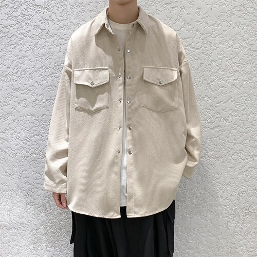 2025春夏新款灯芯绒港风纯色方领长袖休闲衬衫上衣D201-DM76-P45图片