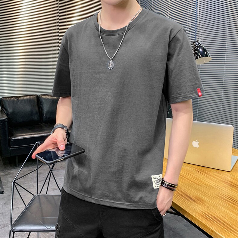 夏季港风大码宽松纯色短袖T恤男圆领纯棉中袖卫衣模灰T9550图片