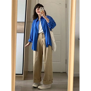 W9823-P43 网图现货 韩版克莱因蓝休闲长袖衬衫宽松气质上衣图片