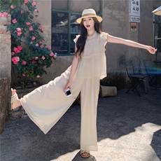 超仙时尚雪纺无袖木耳边套装女2026夏新款半透减龄阔腿裙裤两件套，女装套装/套裙，水衣源