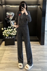 春新款女灰色条纹连帽开衫卫衣直筒裤两件套，女装套装/套裙，江南