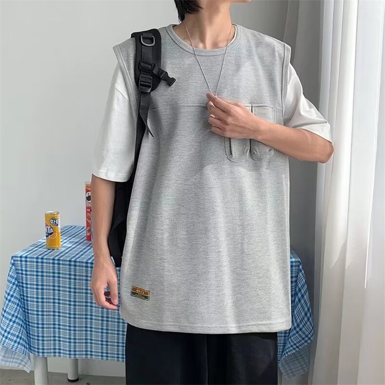 假两件圆领日系T恤纯色青春流行潮夏季五分袖时尚潮牌TX224P30,男装T恤,星座410-2