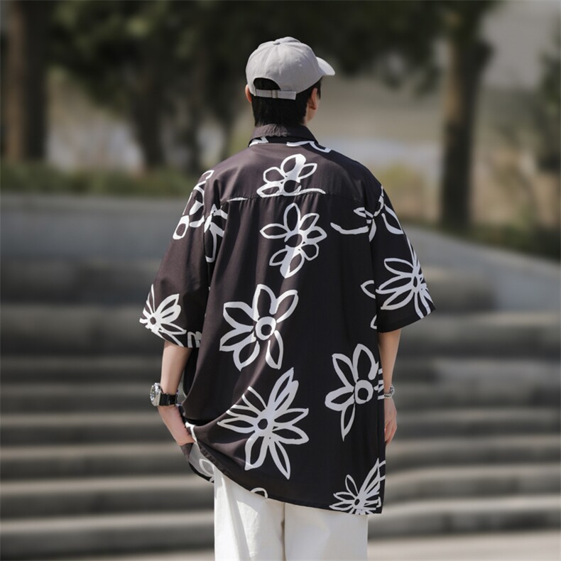 2025夏装花朵印花短袖冰丝衬衫男女潮流衬衣C309P35,男装T恤,电商C323