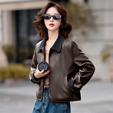 2025秋冬季女装新款大量现货拼色翻领袖口翻边撞色短款皮衣外，女装皮衣，衣之秀