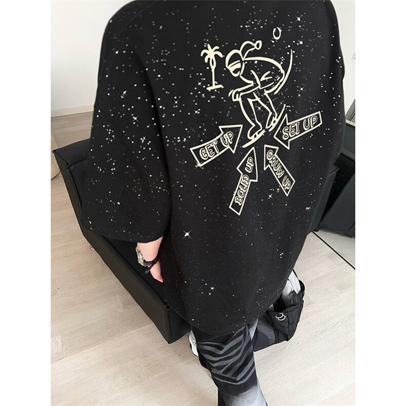 可48小时发货支持抖音得物来样二开美式满天星亮片短袖T恤MTX661,男装T恤,电商A486-1