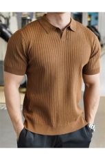 老钱风纯色条纹V领针织男短袖翻领上午冰丝Polo衫75010/P48，男装T恤，电商A243