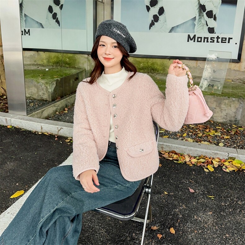 安可拉红小香风外套女羊羔毛短款毛绒上衣2025新款皮毛一体仿皮草,女装短外套,2C229