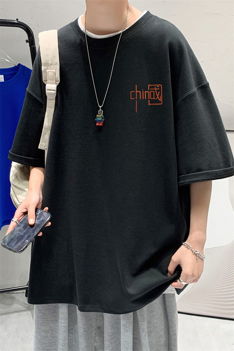 港风200g纯棉夏季休闲宽松新款T恤印花情侣T6016P25控38,男装T恤,电商A268A